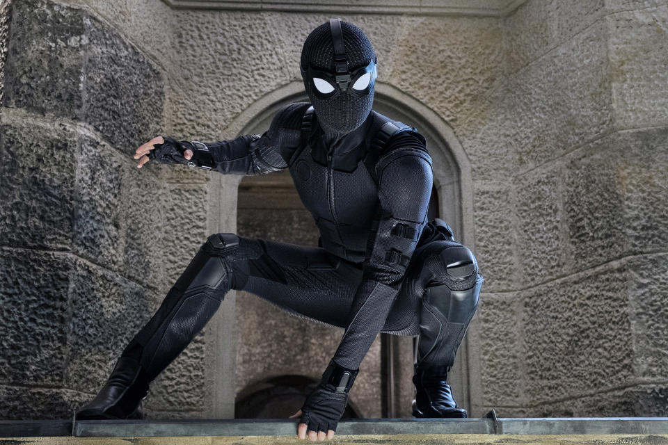 Peter Parker strikes a pose in his new 'Far From Home' stealth suit (Photo: Jay Maidment / © Columbia Pictures / © Marvel / courtesy Everett Collection) 