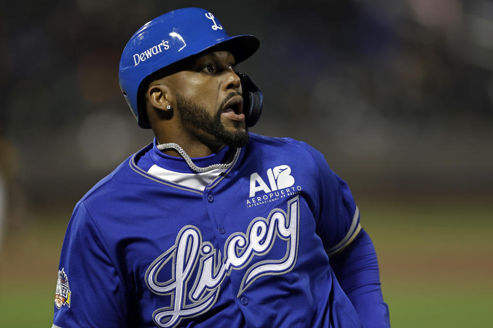 Los Tigres del Licey's Miguel Andujar reacts after flying out against Águilas Cibaeñas during the fourth inning of a Dominican Winter League baseball game Friday, Nov. 10, 2023, in New York. (AP Photo/Adam Hunger)