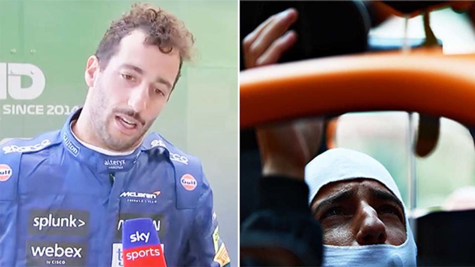 Daniel Ricciardo (pictured left) being interviewed after withdrawing from the race and (pictured right) getting ready in his McLaren.