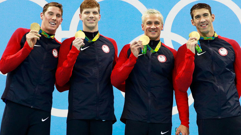 Conor Dwyer, Townley Haas, Conor Dwyer, Ryan Lochte and Michael Phelps, pictured here after winning relay gold at Rio 2016.