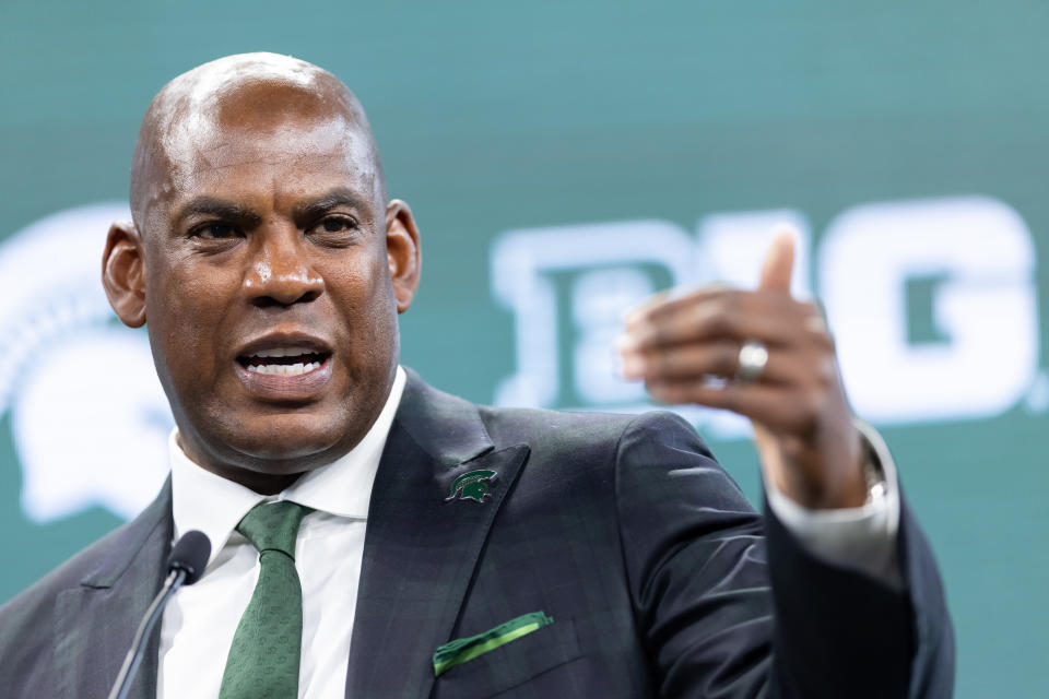 Michigan State coach Mel Tucker speaks during the Big Ten football media days at Lucas Oil Stadium on July 23, 2021. (Michael Hickey/Getty Images)