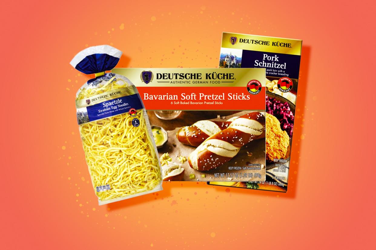 3 german themed products products from Aldi on a designed background