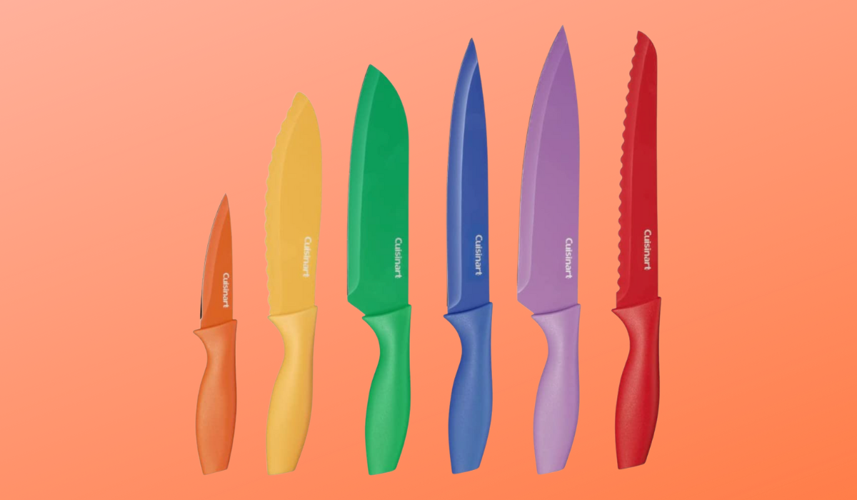 Six multicolored Cuisinart knives.