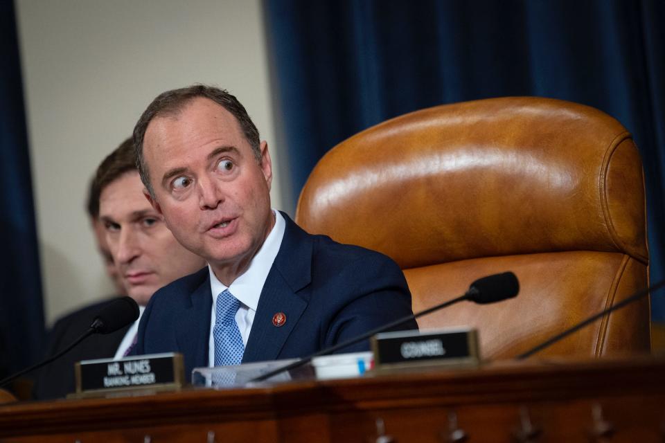 Rep. Adam Schiff, D-Calif., ranking member of the House Intelligence Committee, speaks during the House Select Intelligence Committee hearing on the impeachment inquiry into President Donald Trump with former U.S. Ambassador to Ukraine Marie Yovanovitch on Friday Nov. 15, 2019.