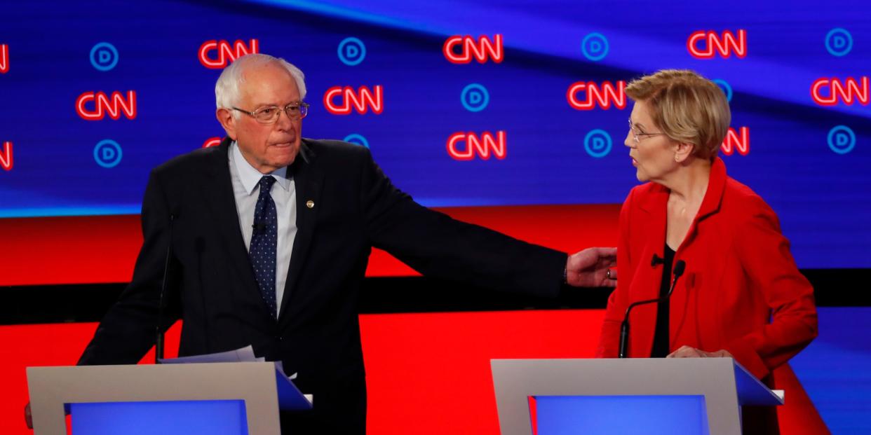 Sen. Bernie Sanders, I-Vt., gestures toward Sen. Elizabeth Warren, D-Mass., during the first of two Democratic presidential primary debates hosted by CNN Tuesday, July 30, 2019, in the Fox Theatre in Detroit. (AP Photo/Paul Sancya)