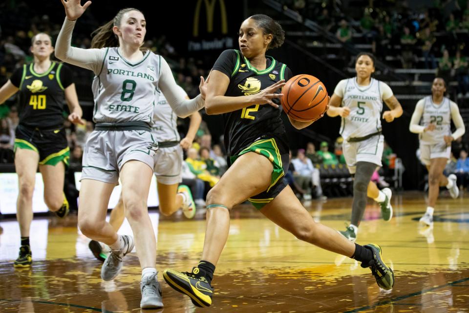 Oregon guard Kennedi Williams drives toward the basket as the Oregon Ducks host Portland State Saturday, Dec. 9, 2023, at Matthew Knight Arena in Eugene, Ore.