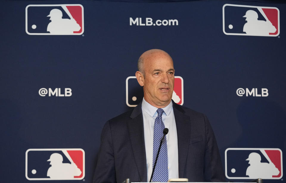 CORRECTS LAST NAME TO FISHER, NOT FOSTER AS ORIGINALLY SENT - Athletics owner John Fisher speaks during a news conference after a Major League Baseball owners meeting in Arlington, Texas, Thursday, Nov. 16, 2023. The Oakland Athletics’ move to Las Vegas was unanimously approved Thursday by Major League Baseball team owners, cementing the sport’s first relocation since 2005. (AP Photo/LM Otero)