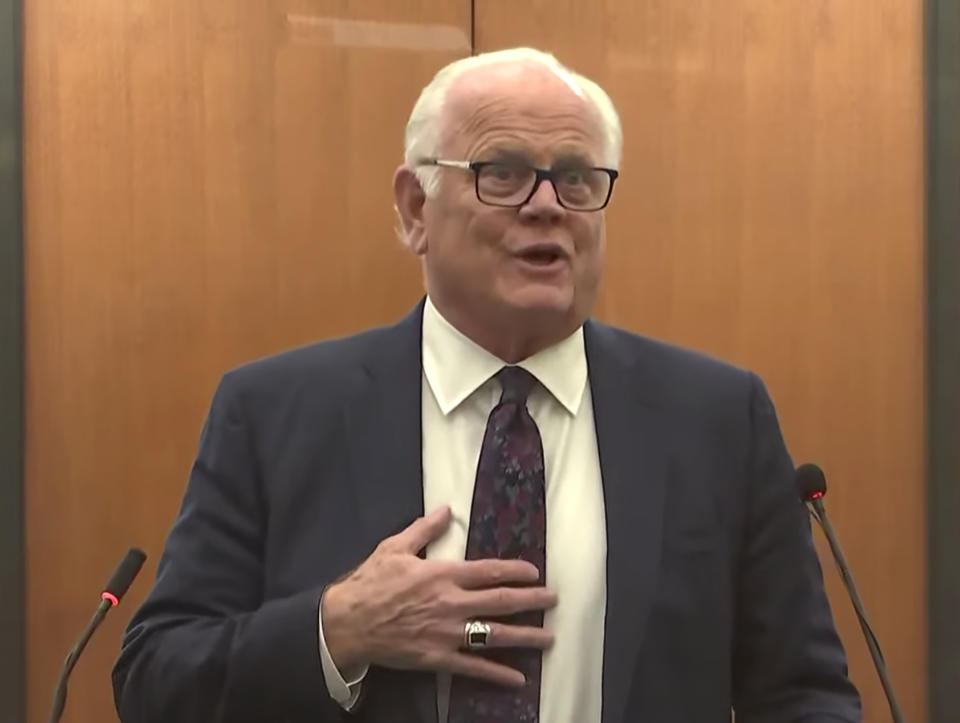 In this screen grab from video, defense attorney Earl Gray argues motions before Hennepin County Judge Regina Chu presides over court Thursday Dec.16, 2021, in the trial of former Brooklyn Center police Officer Kim Potter in the April 11, 2021, death of Daunte Wright, at the Hennepin County Courthouse in Minneapolis, Minn. (Court TV, via AP, Pool)