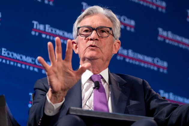 Federal Reserve Chair Jerome Powell speaks at the Economic Club of Washington on Feb. 7. The Fed has raised rates several times as the economy has recovered from the setbacks of the coronavirus pandemic, raising worries the hikes will lead to a recession.