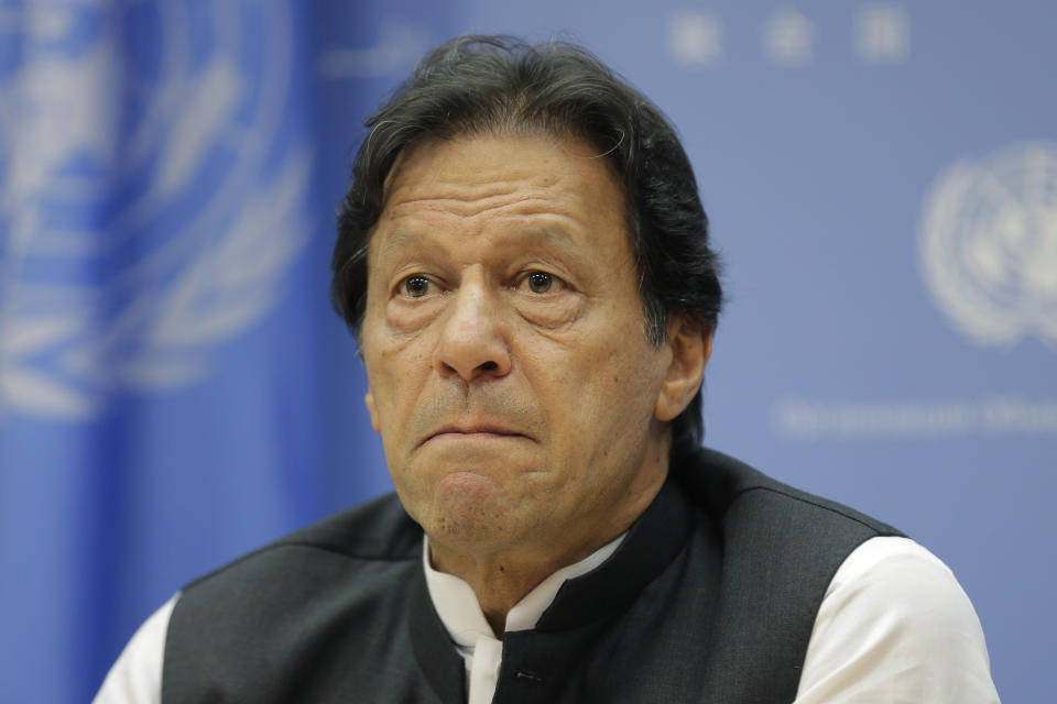 Imran Khan, Prime Minister of Pakistan, speaks to reporters during a news conference at United Nations headquarters Tuesday, Sept. 24, 2019. (AP Photo/Seth Wenig)