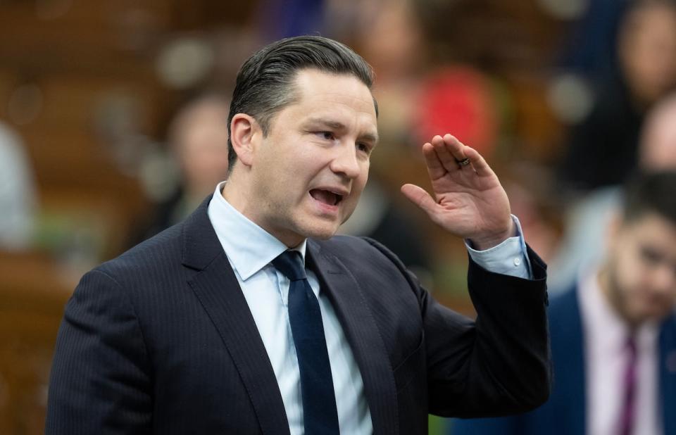Leader of the Conservative Party Pierre Poilievre rises during Question Period, Wednesday, April 17, 2024 in Ottawa.