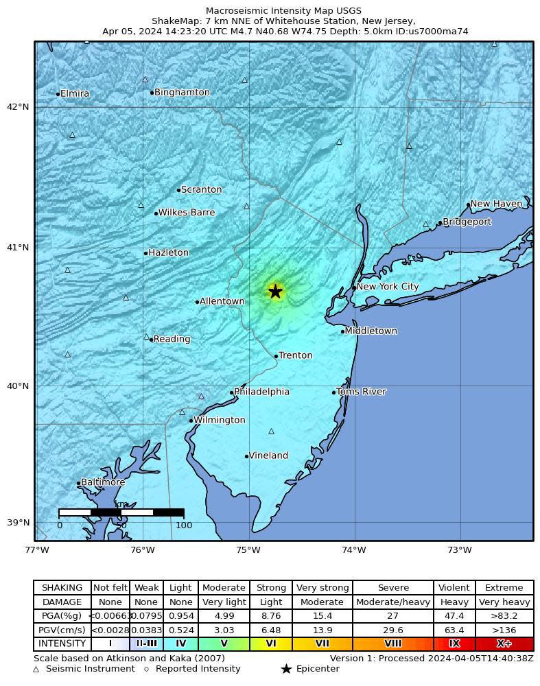 Intensity map: Earthquake in New Jersey on April 5, 2024