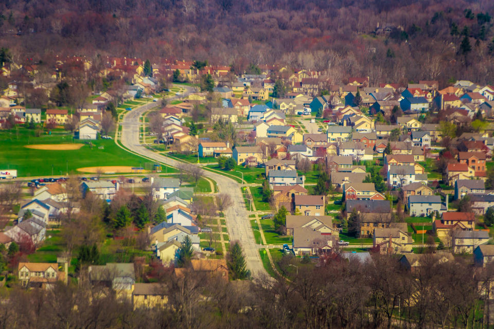 The suburban outskirts of Columbus, Ohio, seen from the airplane landing in Port Columbus International Airport.