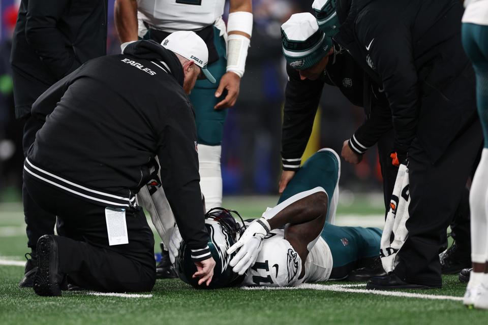 A.J. Brown #11 of the Philadelphia Eagles on the field with an injury during the first quarter in the game against the New York Giants at MetLife Stadium on January 07, 2024 in East Rutherford, New Jersey.