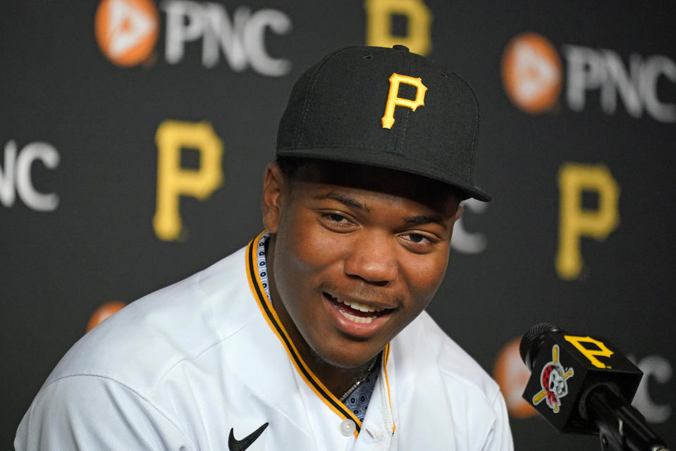 Pittsburgh Pirates first-round draft selection Termarr Johnson meets with reporters after signing his contract with the team, before a baseball game between the Pirates and the Philadelphia Phillies in Pittsburgh, Friday, July 29, 2022.(AP Photo/Gene J. Puskar)