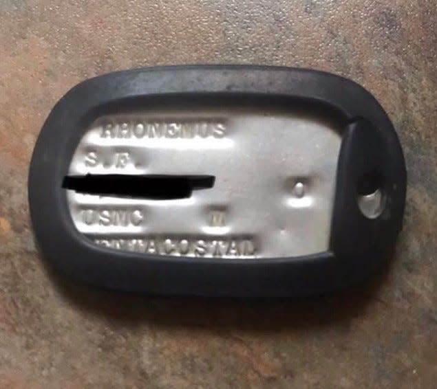Steven Rhonemus' dog tag, with his service number blurred out. The tag was found by Kolton Conrad on July 4 and returned it to Rhonemus' sister, 46 years after his death.