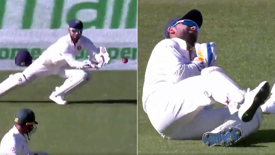 Pant let Khawaja off the hook after dropping a regulation catch. Pic: Ch7