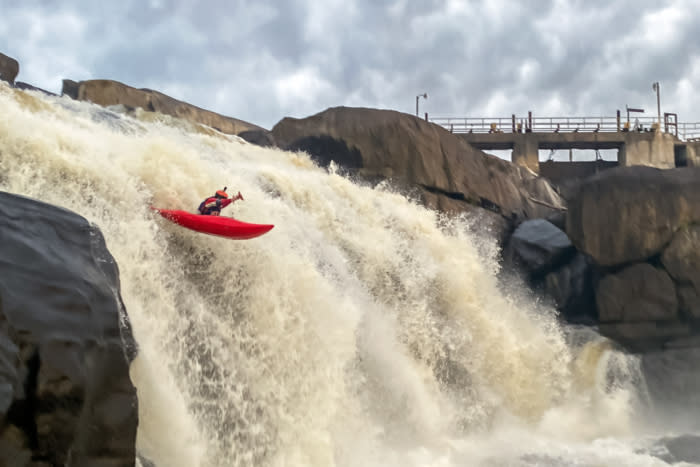 Bobby Miller paddling Dagger Indra off Lyons Falls in NY