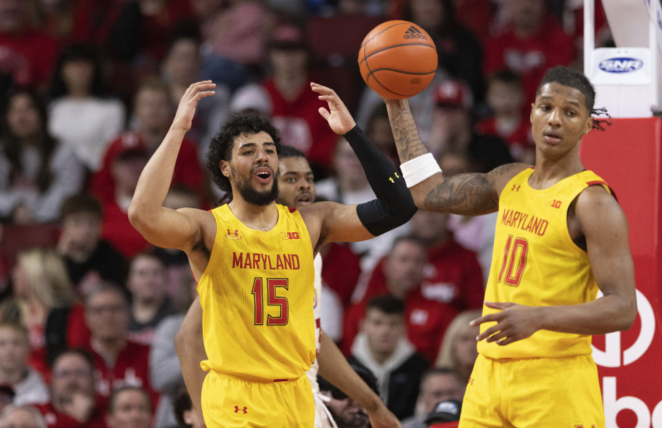 Maryland's Patrick Emilien (15) reacts after being called for a foul against Nebraska during the second half of an NCAA college basketball game Sunday, Feb. 19, 2023, in Lincoln, Neb. Nebraska won 70-66 in overtime. (AP Photo/Rebecca S. Gratz)