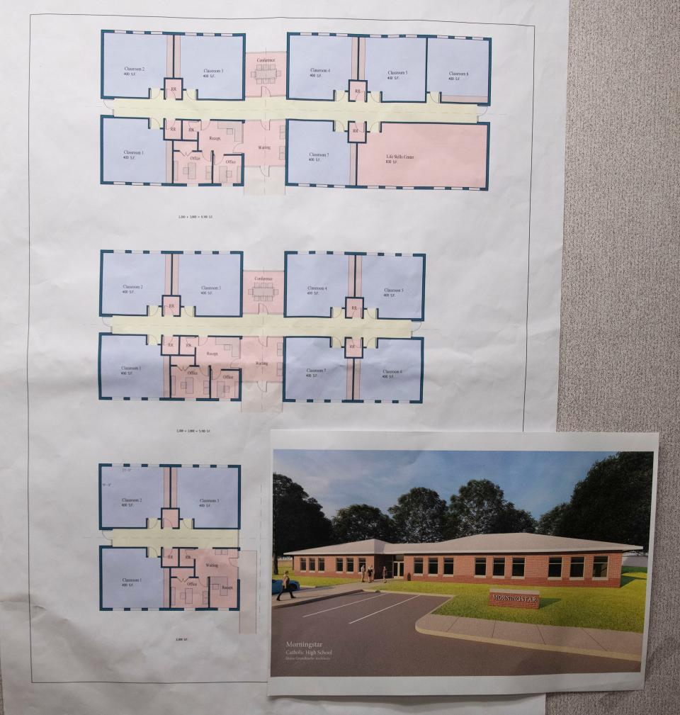 An artist rendering and floor plan of the new Mother Clelia Morning Star High School hangs in the director's office on Wednesday, May 8, 2024.