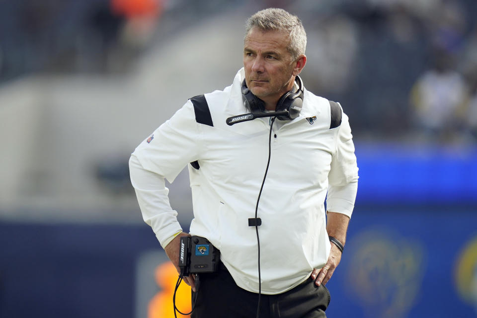 FILE - Jacksonville Jaguars head coach Urban Meyer stands on the field before an NFL football game against the Los Angeles Rams Sunday, Dec. 5, 2021, in Inglewood, Calif. Urban Meyer's tumultuous NFL tenure ended after just 13 games — and two victories — when the Jacksonville Jaguars fired him early Thursday, Dec. 16, 2021 because of an accumulation of missteps. (AP Photo/Jae C. Hong , File)