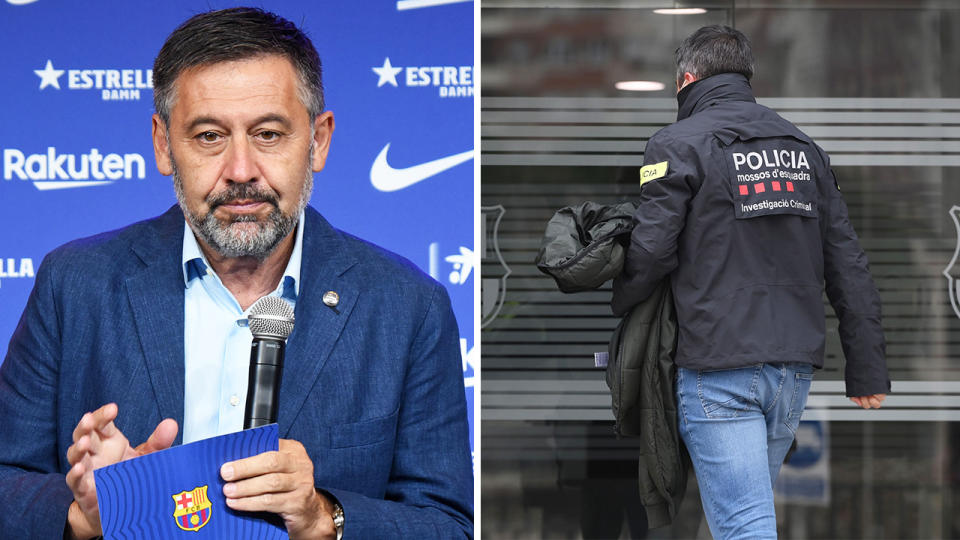 Josep Maria Bartomeu (pictured left) during a press conference and a police officer (pictured right) walking into the Barcelona headquarters.