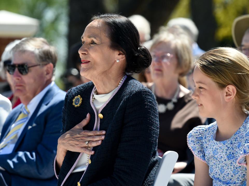 The University of Alabama celebrated the groundbreaking for the Catherine and Pettus Randall Welcome Center at the historic Bryce Hospital building Friday, April 1, 2022. Cathy Randall reacts to comments being made during the ceremony. Gary Cosby Jr./Tuscaloosa News