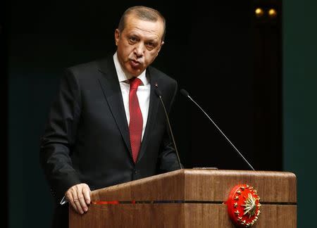 Turkey's President Tayyip Erdogan addresses the media during a news conference at the Presidential Palace in Ankara December 1, 2014. REUTERS/Umit Bektas