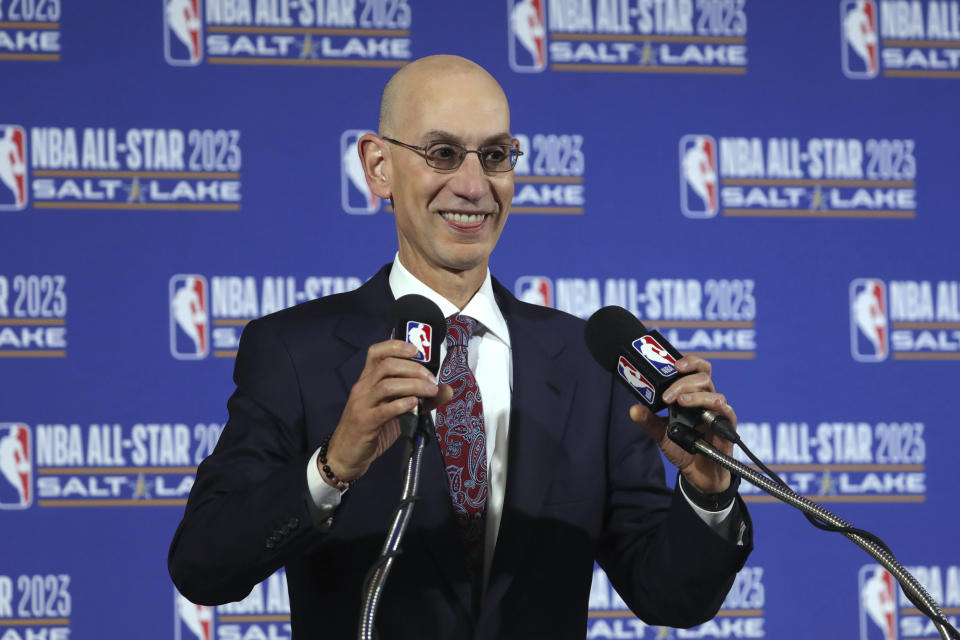 FILE - In this Oct. 23, 2019, file photo, NBA Commissioner Adam Silver speaks during a news conference at Vivint Smart Home Arena in Salt Lake City. Something is finally clear in the uncertain NBA. Players believe they’re going to play games again this season. The obvious questions like how, where and when remain unanswered. (AP Photo/Rick Bowmer, File)