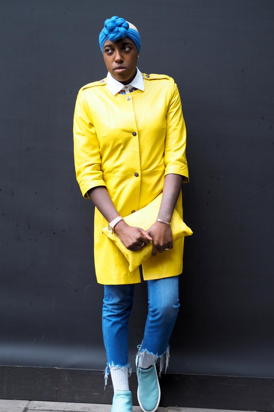 <p>Stylist, Coco Mell brightened up our day with this yellow leather jacket. [Photo: Yahoo Style UK/Sabrina Carder] </p>