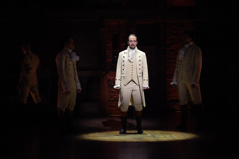 NEW YORK, NY - FEBRUARY 15:  Actor, composer Lin-Manuel Miranda performs on stage during 'Hamilton' GRAMMY performance for The 58th GRAMMY Awards at Richard Rodgers Theater on February 15, 2016 in New York City.  (Photo by Theo Wargo/Getty Images)