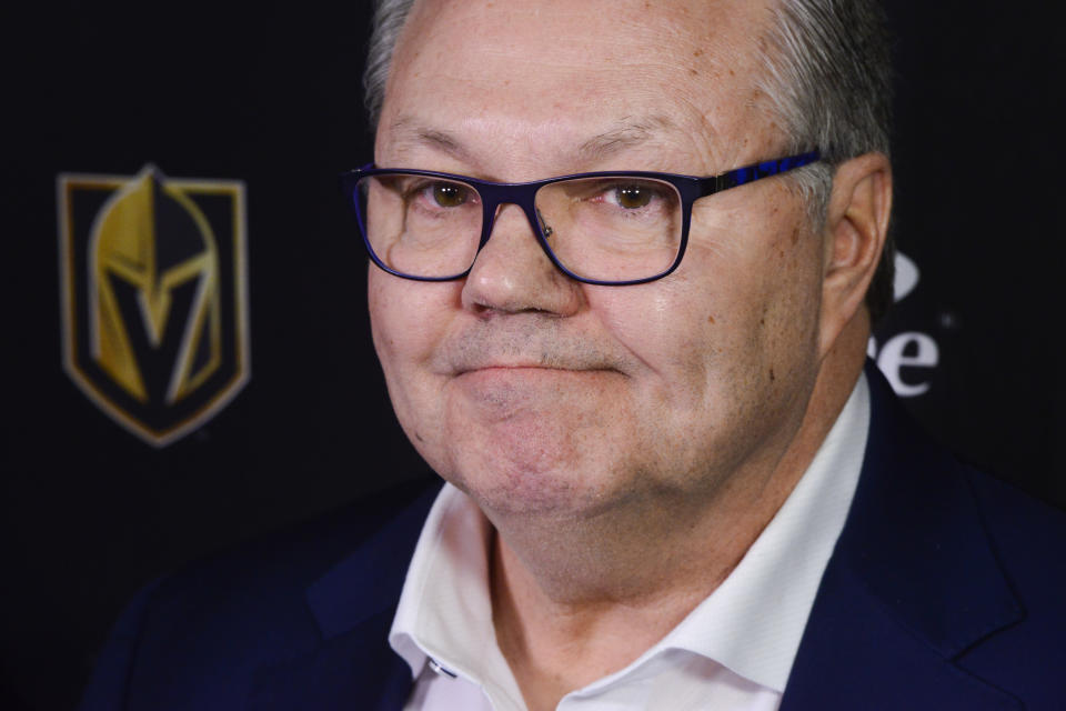 Vegas Golden Knights NHL hockey team general manager Kelly McCrimmon holds a news conference in Ottawa, Wednesday, Jan 15, 2020. Head coach Gerard Gallant was fired less than two years after leading the Golden Knights to the Stanley Cup Final. Peter DeBoer will be the coach for the rest of the season. (Sean Kilpatrick/The Canadian Press via AP)