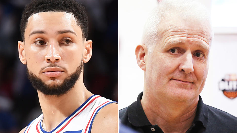 A split image shows NBA star Ben Simmons on the left and Australian basketball icon Andrew Gaze on the right.