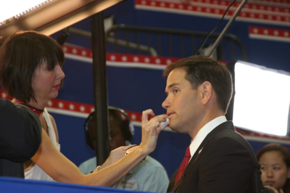 Sen. Marco Rubio prepares for a TV interview in the Republican National Convention forum, Wednesday Aug. 29, 2012. (Torrey AndersonSchoepe/Yahoo! News)