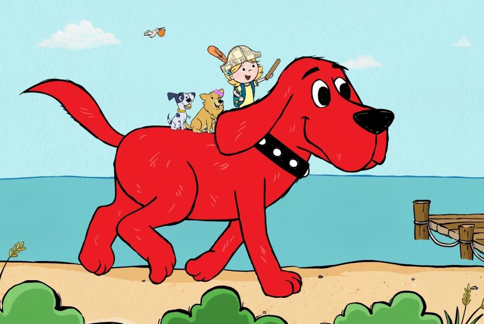 This image released by Scholastic Entertainment shows a scene from the reboot of "Clifford the Big Red Dog." The new show offers more diversity among the human characters and puts Clifford's beloved 7-year-old owner, Emily Elizabeth, front and center in his Birdwell Island adventures. (Scholastic Entertainment via AP)