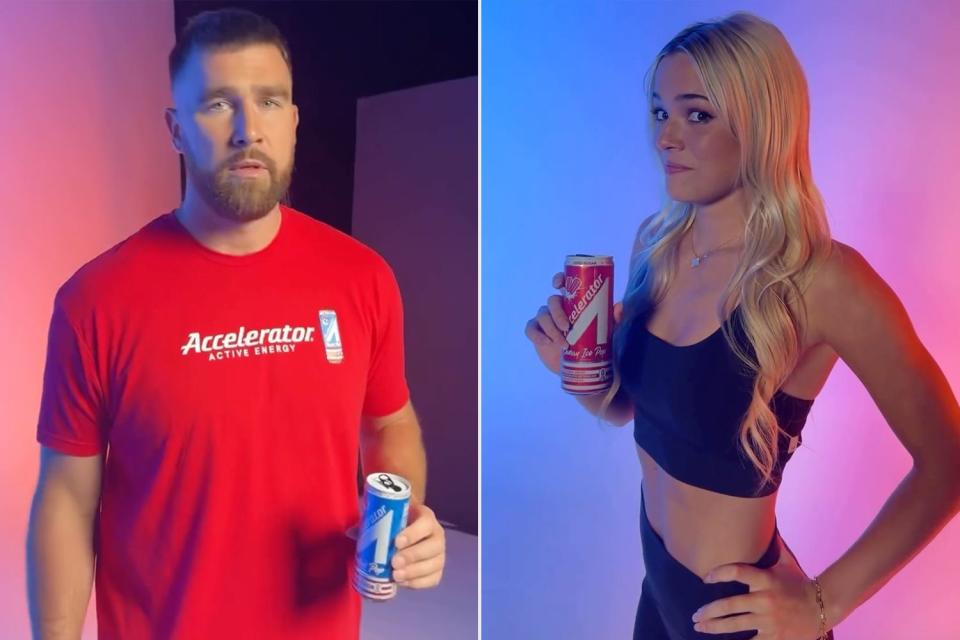 <p>Olivia Dunne/Instagram </p> Travis Kelce and Olivia Dunne star in new social media skit for Accelerator