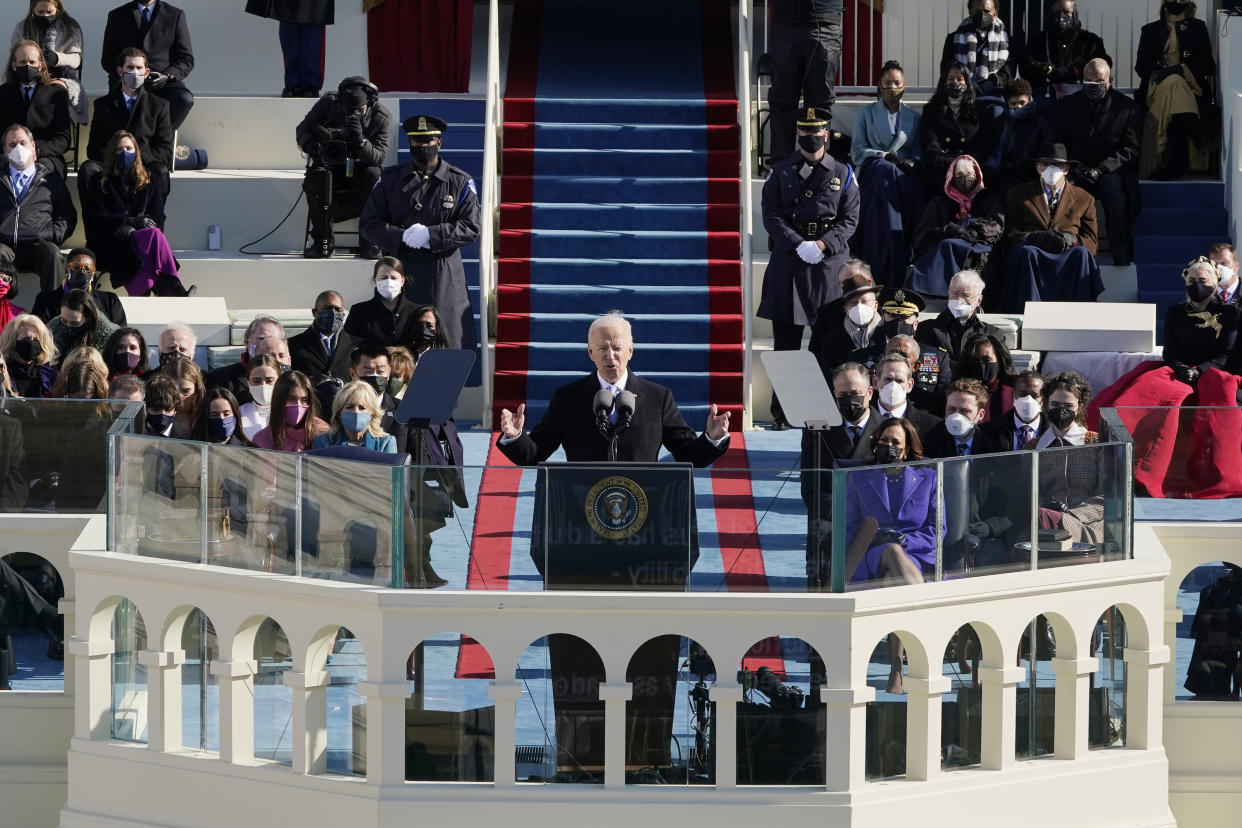 President Joe Biden speaks during the the 59th inaugural ceremony on the West Front of the U.S. Capitol on January 20, 2021 in Washington, DC. (Patrick Semansky-Pool/Getty Images)