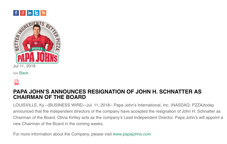 Papa John’s press release, Jul. 11, 2018