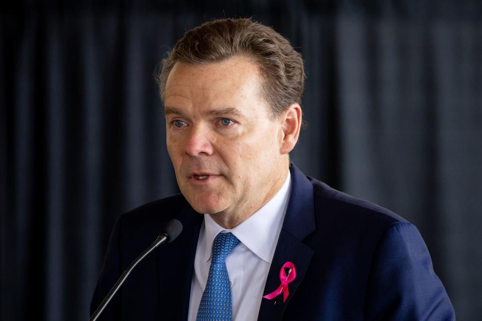 Peter Huntsman, chairman and CEO of the Huntsman Cancer Foundation, grows tearful while speaking at the opening of the new Kathryn F. Kirk Center for Comprehensive Cancer Care and Women’s Cancers at Huntsman Cancer Institute in Salt Lake City on Monday, May 8, 2023. | Spenser Heaps, Deseret News