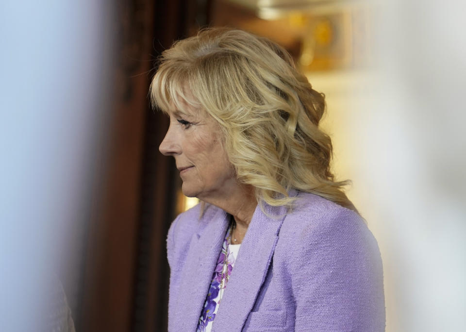 FILE - First lady Jill Biden visits the Congress Library, July 12, 2022 on Capitol Hill in Washington. First lady Jill Biden has tested positive for COVID-19 again in an apparent “rebound” case, after she initially tested negative for the virus over the weekend. (AP Photo/Mariam Zuhaib, File)