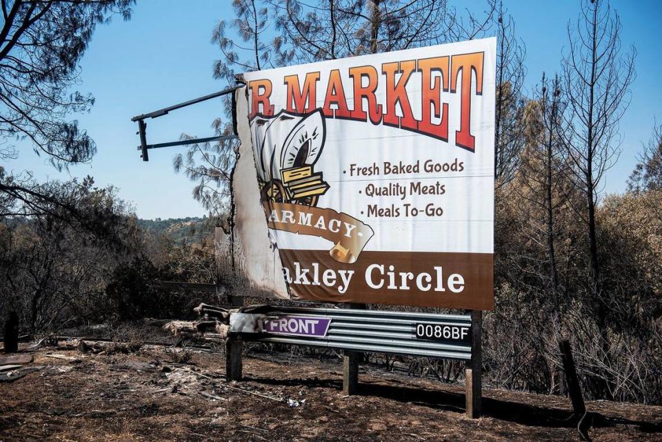 A burned sign along Highway 140 in Mariposa County, Calif., on Wednesday, July 10, 2024. According to fire officials, the French Fire started on July 4 in the area of French Camp Road and Highway 49 North in Mariposa County. The cause of the fire is under investigation.