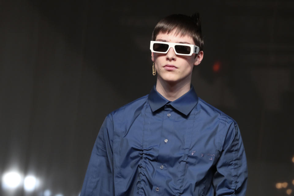 A model presents a creation for Off White Men's Fall/Winter 2019-2020 fashion collection presented in Paris, Wednesday Jan. 15, 2020. (AP Photo/Thibault Camus)