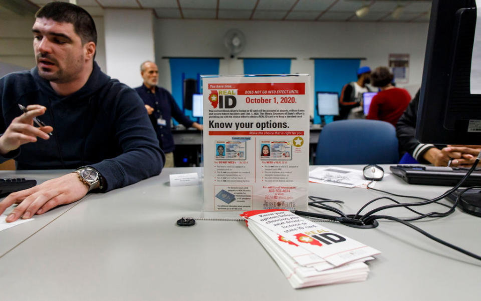 Information about the Real ID requirements posted at the Secretary of State's driver's license facility in the James R. Thompson Center in Chicago, Ill. on March 27, 2019. <span class="copyright">Brian Cassella—Getty Images</span>