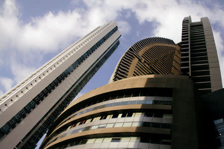 The Trump Ocean Club International Hotel and Tower Panama (C) is seen between apartment buildings in Panama City, Panama February 23, 2018. REUTERS/Carlos Lemos