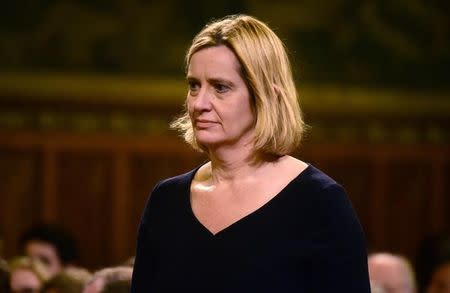 Britain's Home Secretary Amber Rudd awaits a speech from Spain's King Felipe at the Palace of Westminster in London, Britain July 12, 2017. REUTERS/Hannah McKay