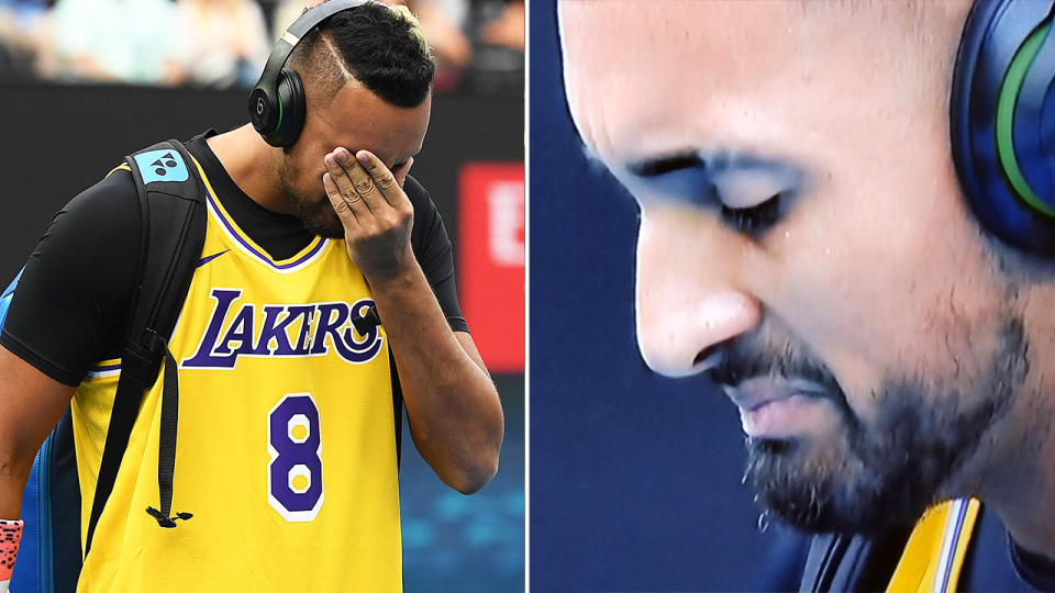 Nick Kyrgios, pictured wearing a Kobe Bryant jersey, as a tribute after the NBA legend died in a helicopter crash.