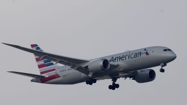 A American Airlines Boeing 787 approaches for landing in Lisbon, Saturday.