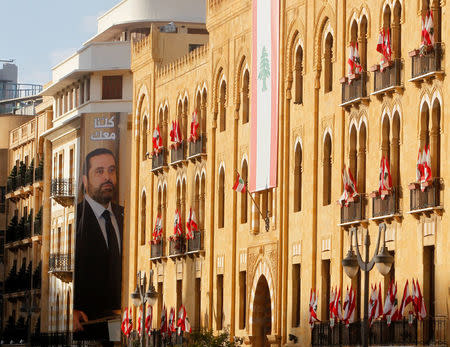 Lebanese Flags are seen on balconies in downtown Beirut, Lebanon, November 21, 2017. REUTERS/Aziz Taher