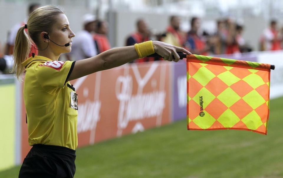 Brazil's referee assistant Fernanda Colombo Uliana attends the Brazilian championship soccer match between Atletico Mineiro and Cruzeiro in Belo Horizonte