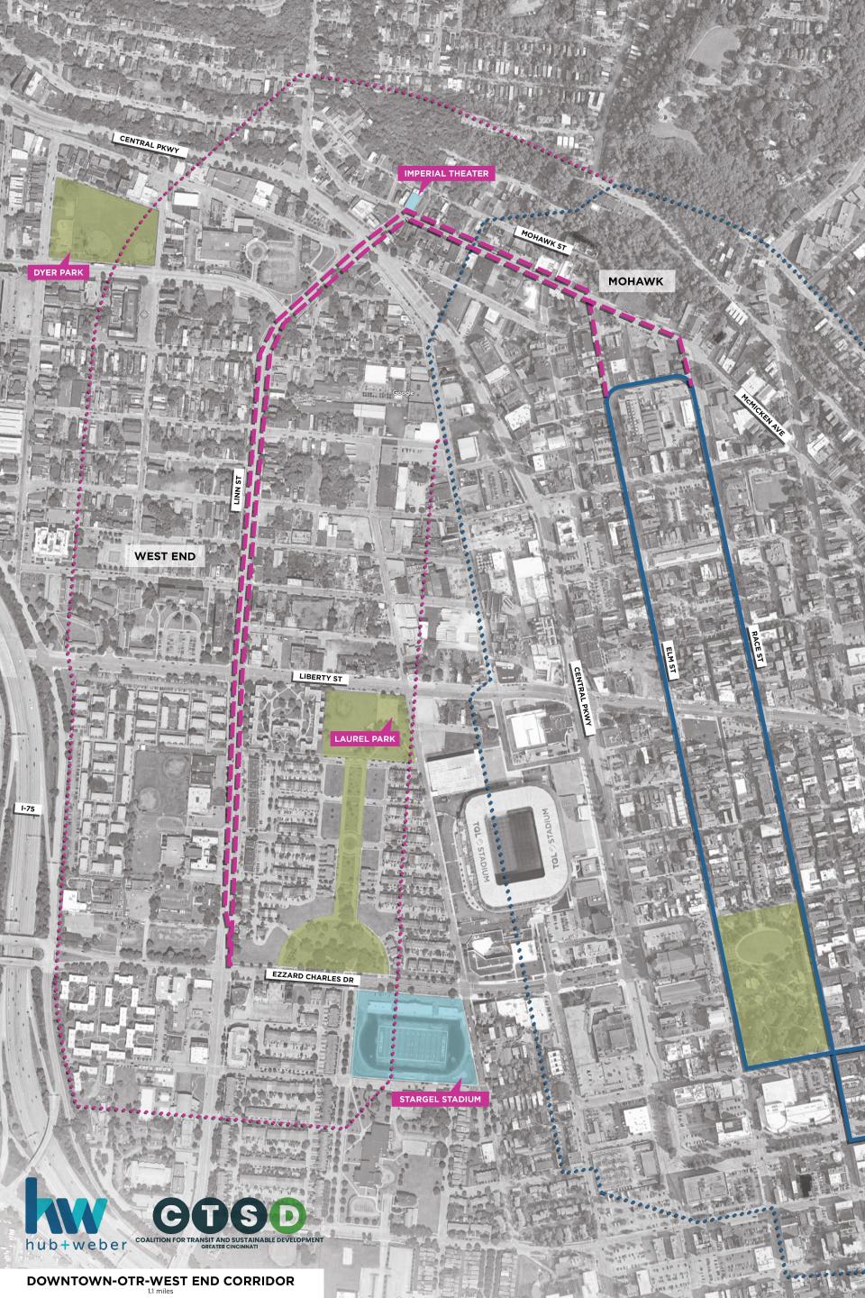 The West End route, at 1.1 miles, would travel north and south on Linn Street.